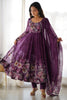 Attractive Purple Floral Printed Organza Traditional Anarkali Suit 