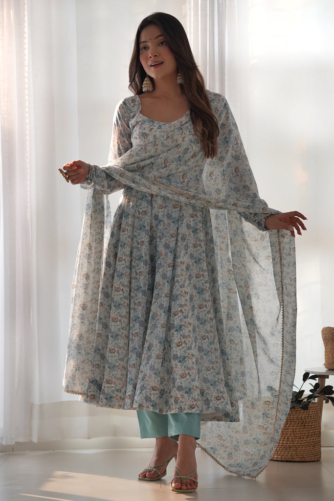 Charming Off-White Digital Printed Chiffon Event Wear Anarkali Suit