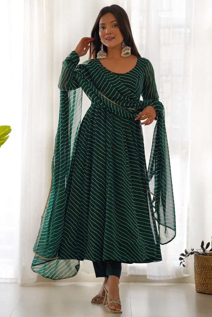 Attractive Green Laheriya Printed Georgette Traditional Anarkali Suit