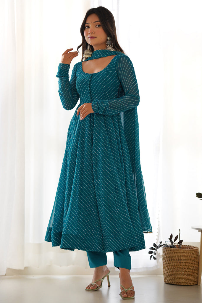 Glamorous Teal Blue Laheriya Printed Georgette Event Wear Anarkali Suit