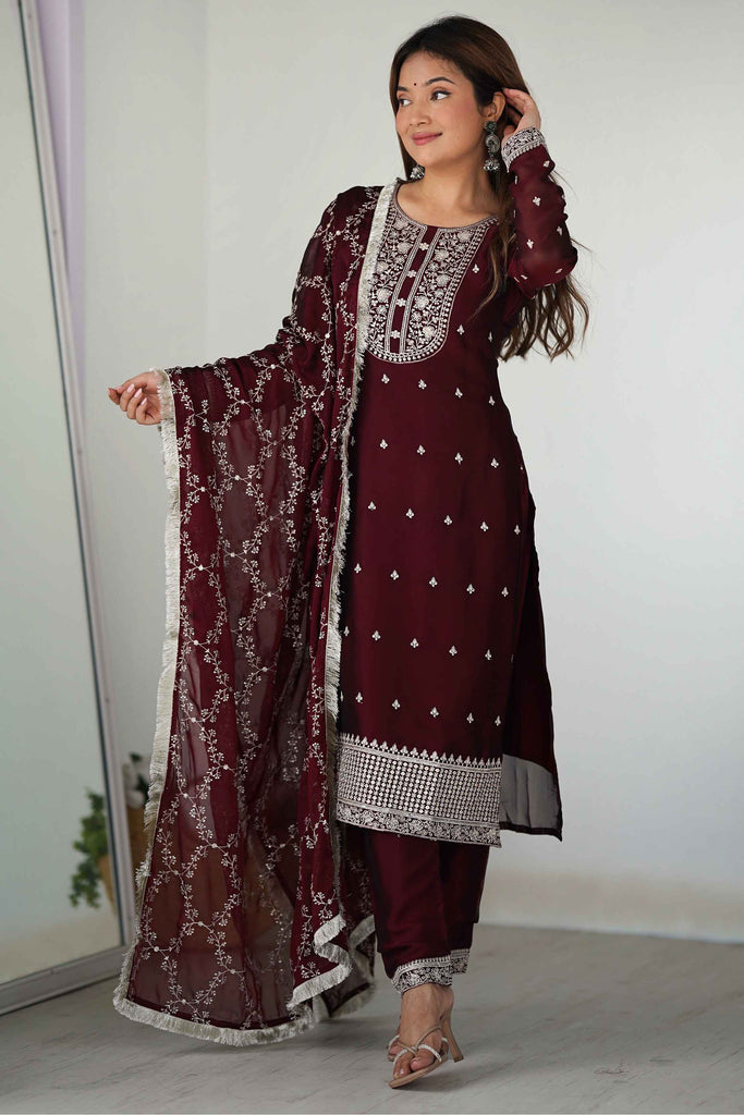 Majestic Maroon Thread Work Silk Event Wear Pant Suit With Dupatta