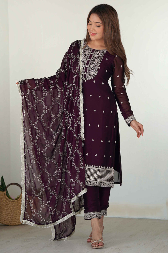 Awesome Purple Thread Work Silk Wedding Wear Pant Suit With Dupatta