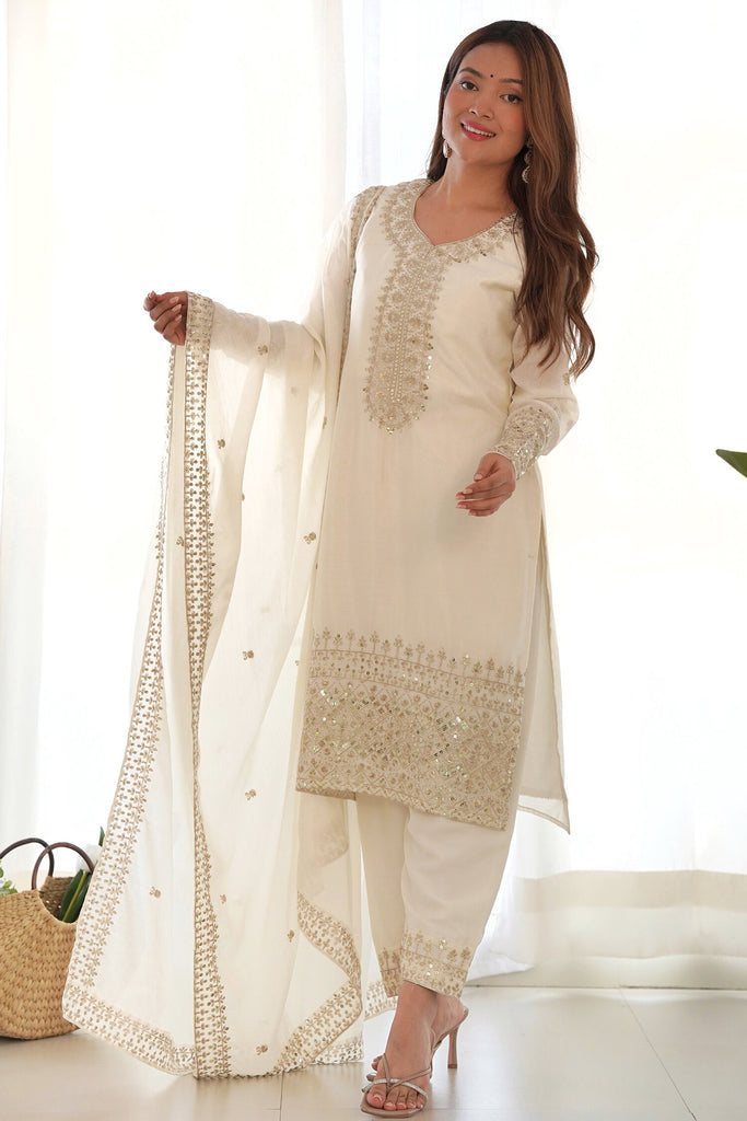 Unexpected White Sequins Chinon Silk Traditional Pant Suit