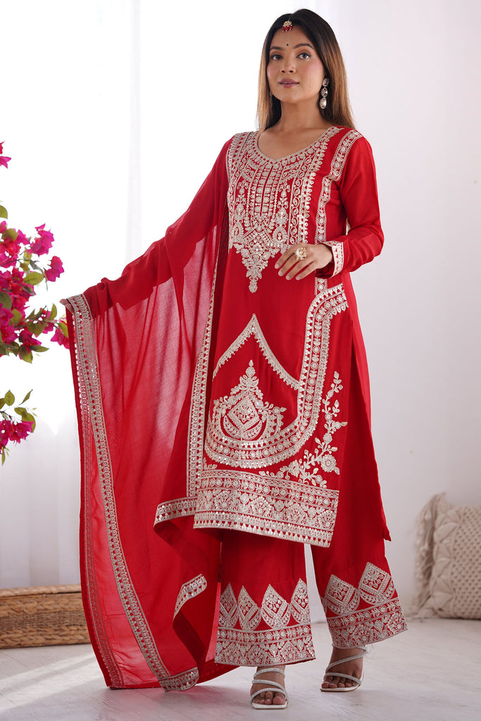 Beautiful Red Embroidered Vichitra Silk Wedding Wear Palazzo Suit