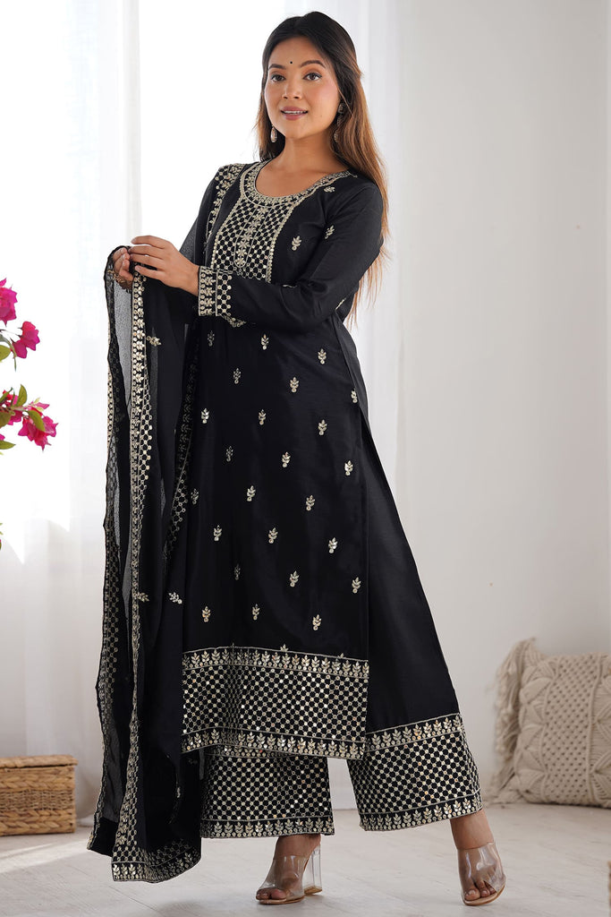 Amazing Black Sequins Chinon Silk Festive Wear Palazzo Suit