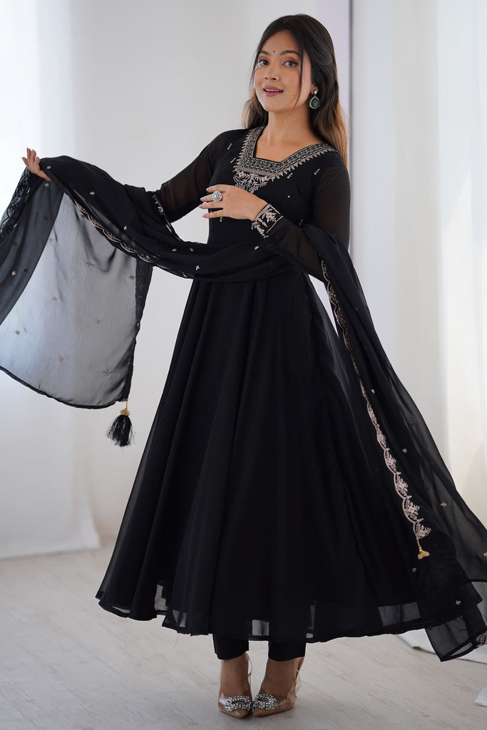 Wonderful Black Embroidered Event Wear Anarkali Suit With Dupatta