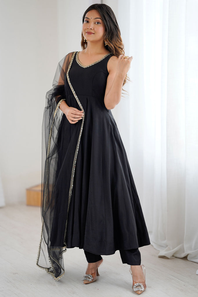 Dazzling Black Lace Work Traditional Anarkali Suit With Chiffon Dupatta