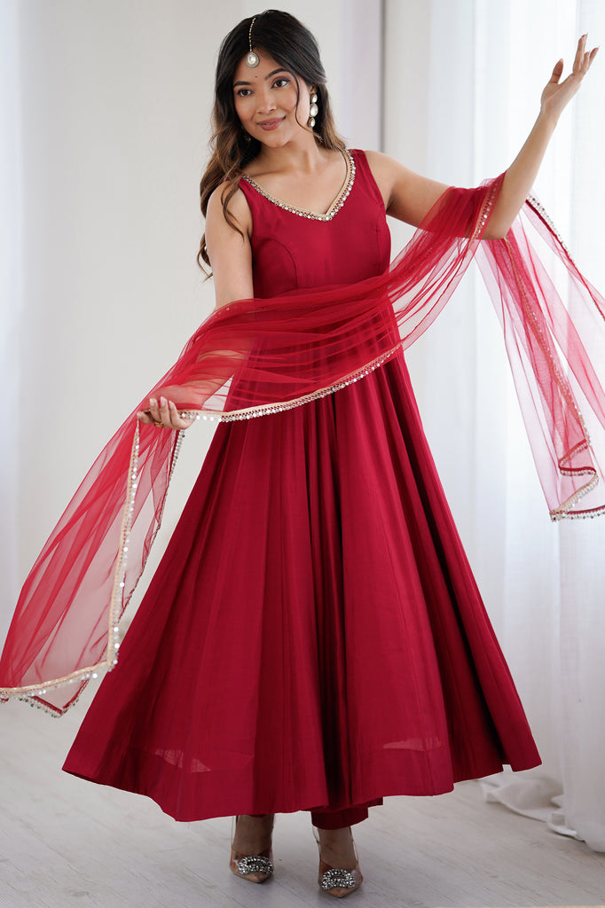 Mesmerizing Red Border Work Chanderi Silk Festival Wear Anarkali Suit 