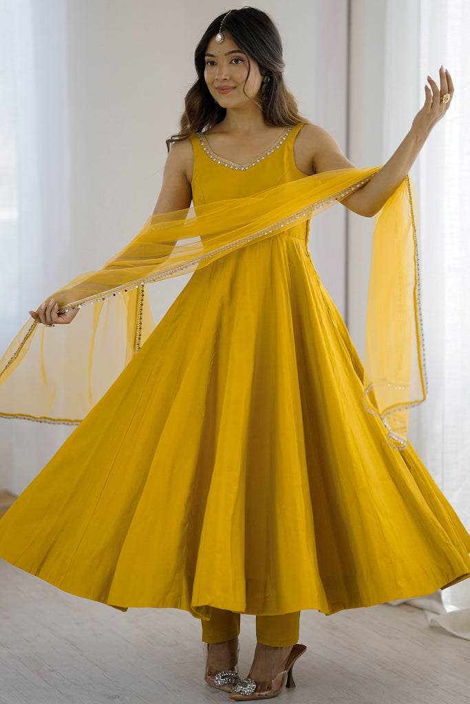 Unique Yellow Lace Work Chanderi Silk Festival Wear Anarkali Suit With Dupatta