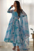 Astonishing Sky-Blue Digital Printed Organza Anarkali Suit With Dupatta