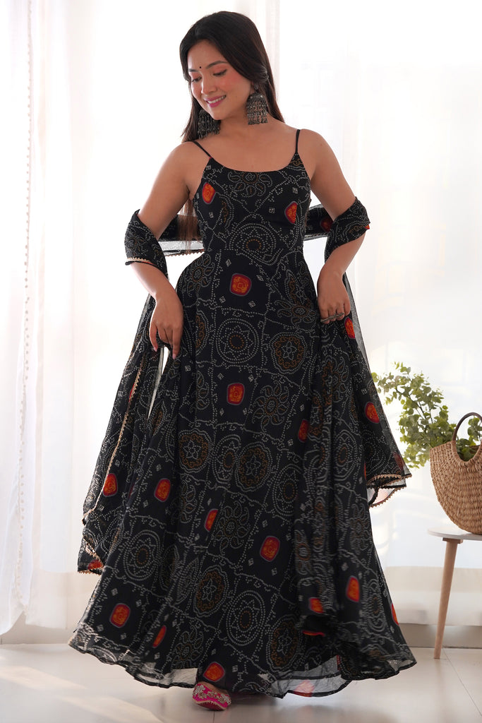 Beautiful Black Bandhani Printed Chiffon Event Wear Gown With Dupatta