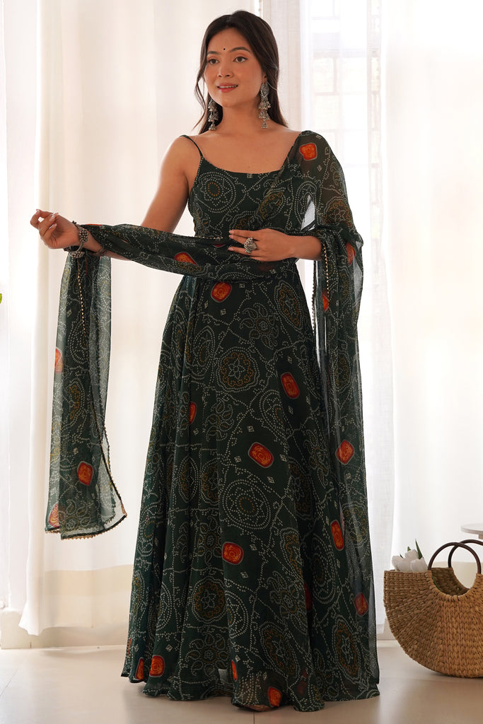 Gorgeous Green Bandhani Printed Chiffon Mehendi Wear Gown