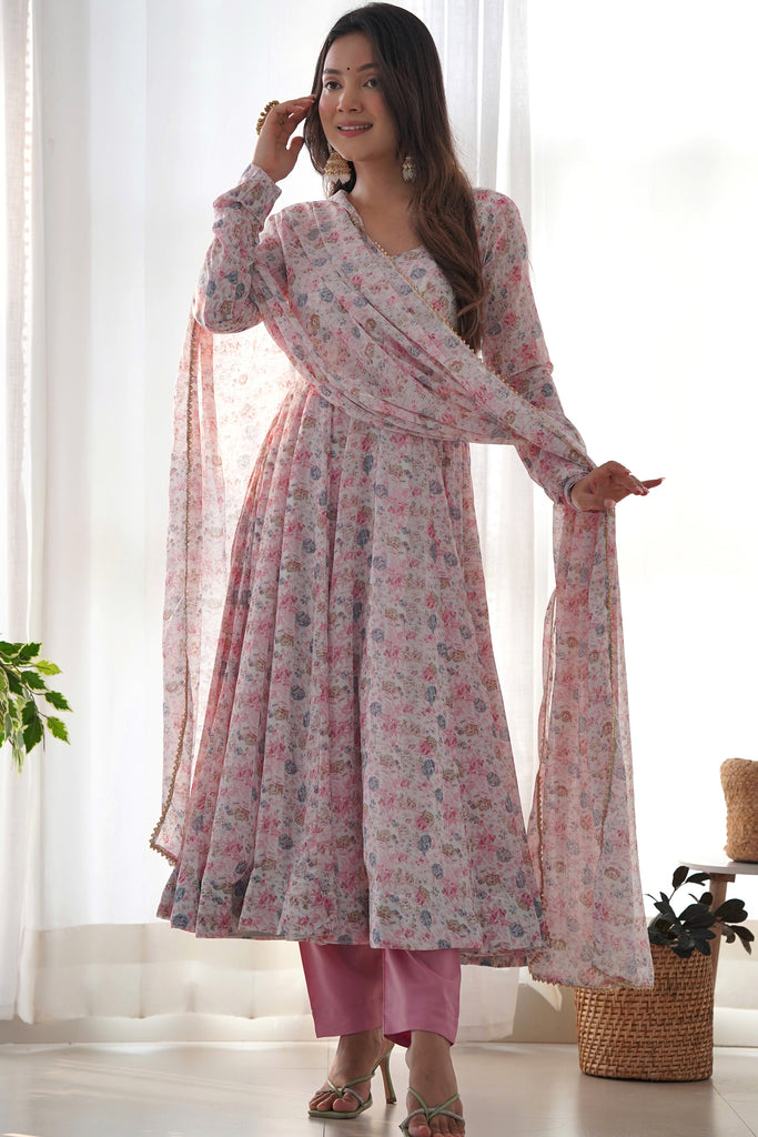 Lovable Pink Digital Printed Chiffon Festival Wear Anarkali Suit