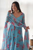 Beautiful Sky-Blue Floral Printed Georgette Anarkali Pant Suit