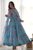 Beautiful Sky-Blue Floral Printed Georgette Anarkali Pant Suit