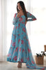 Beautiful Sky-Blue Floral Printed Georgette Anarkali Pant Suit