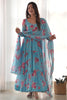 Beautiful Sky-Blue Floral Printed Georgette Anarkali Pant Suit