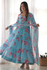 Beautiful Sky-Blue Floral Printed Georgette Anarkali Pant Suit