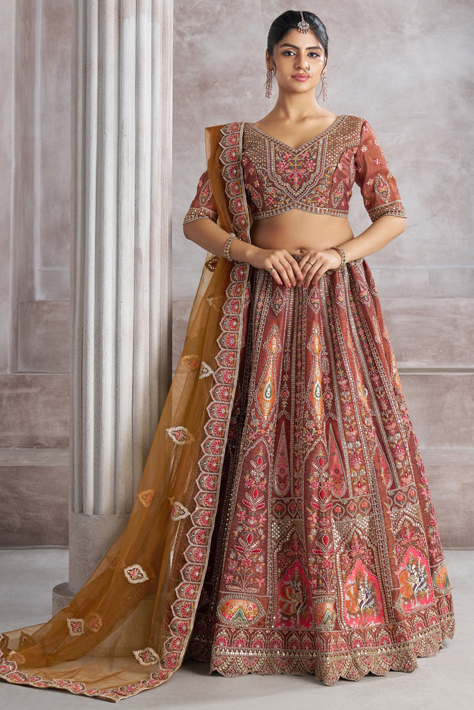 Amazing Rose Gold Embroidered Banarasi Silk Bridesmaid Lehenga Choli