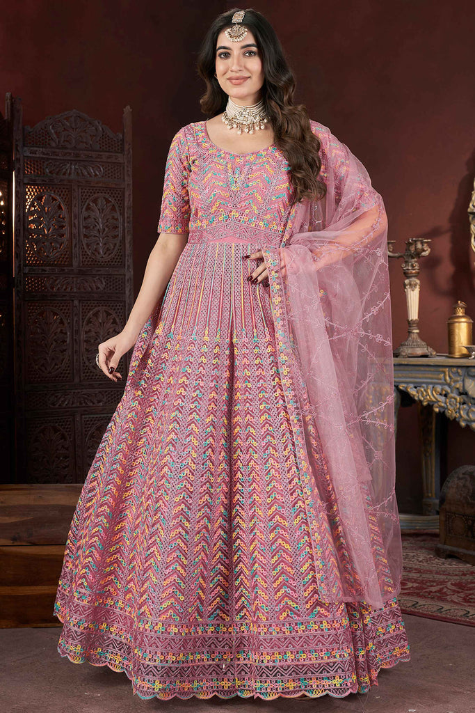 Alluring Peach Embroidered Net Wedding Wear Gown With Dupatta