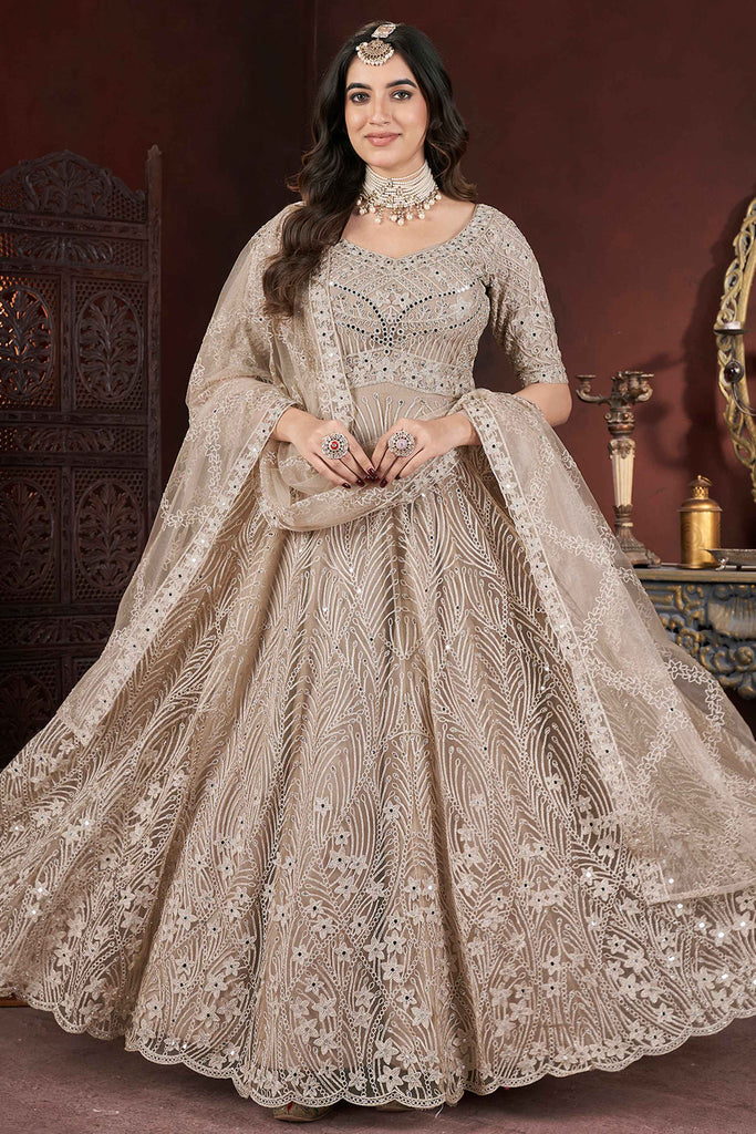 Amazing Light Brown Embroidered Net Party Wear Gown With Dupatta