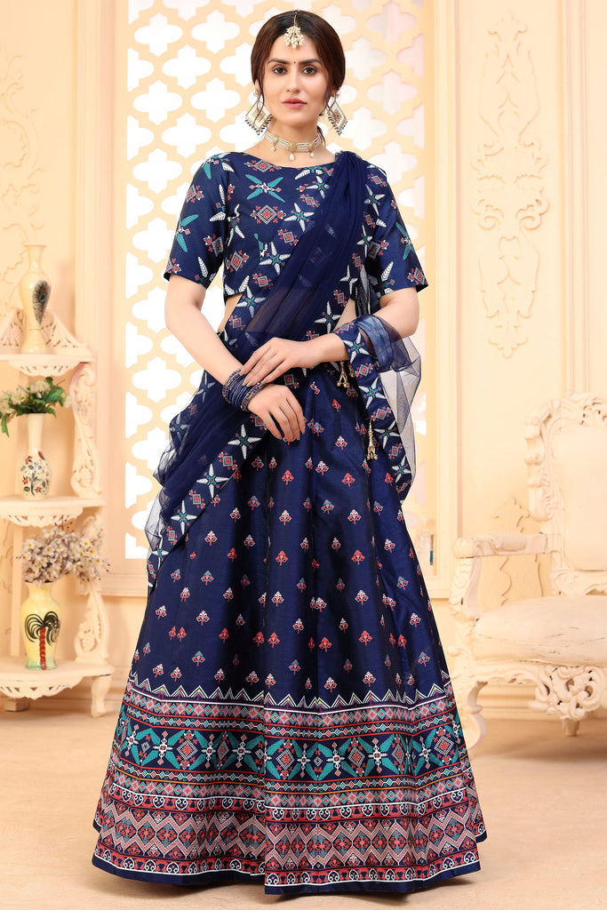 Excellent Navy Blue Digital Printed Art Silk Lehenga Choli With Dupatta