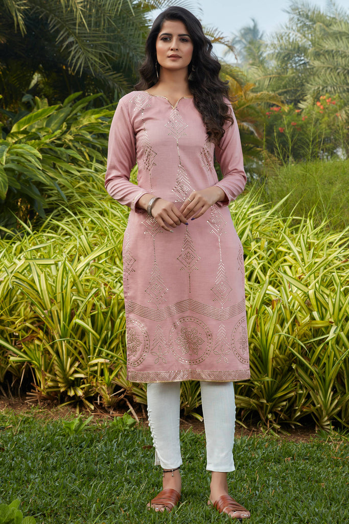 Incredible Pink Mukaish Work Cotton Casual Wear Kurti