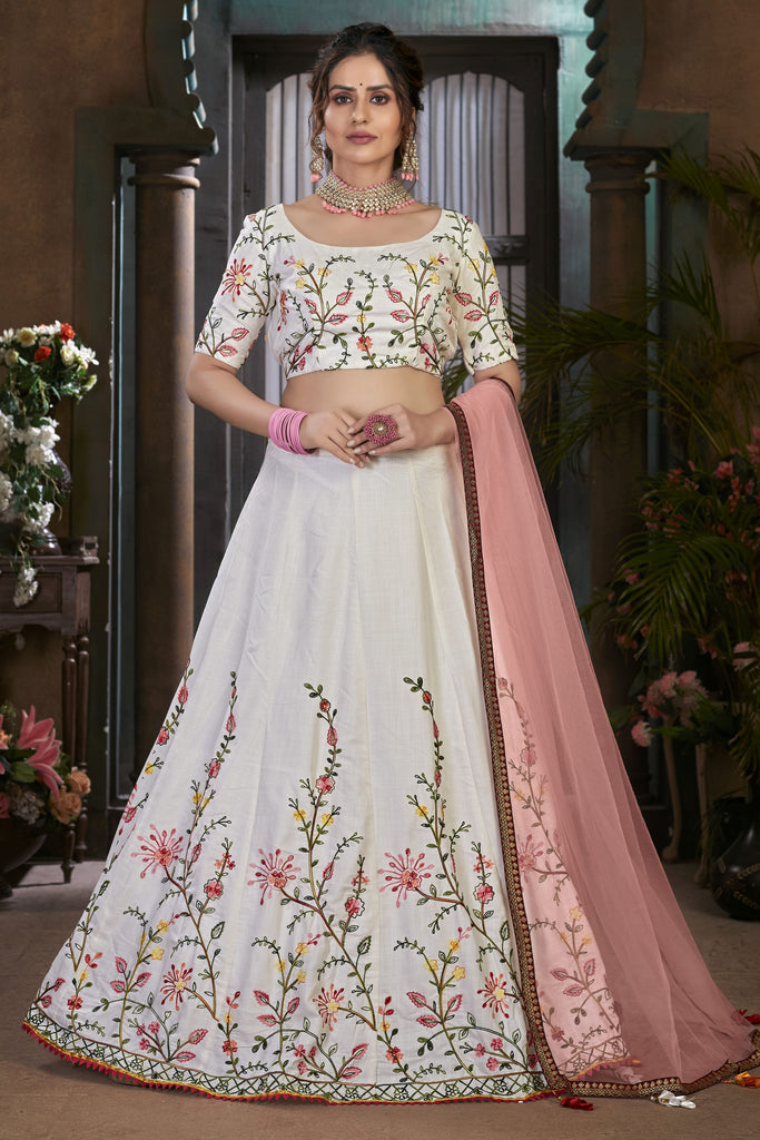 Adorable White Thread Work Cotton Wedding Wear Lehenga Choli
