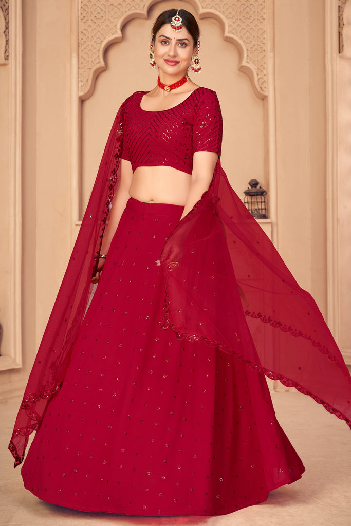 Impressive Red Sequins Georgette Wedding Lehenga Choli With Dupatta