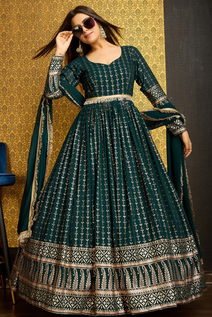 Marvelous Green Foil Work Georgette Festival Wear Gown With Dupatta