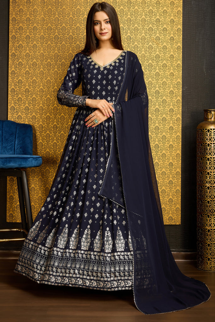 Beautiful Navy Blue Foil Work Georgette Gown With Dupatta