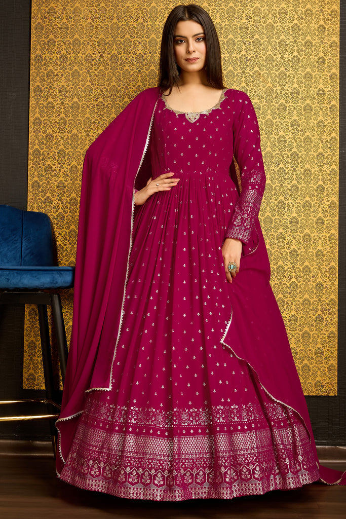 Gorgeous Pink Foil Work Georgette Festival Wear Gown With Dupatta