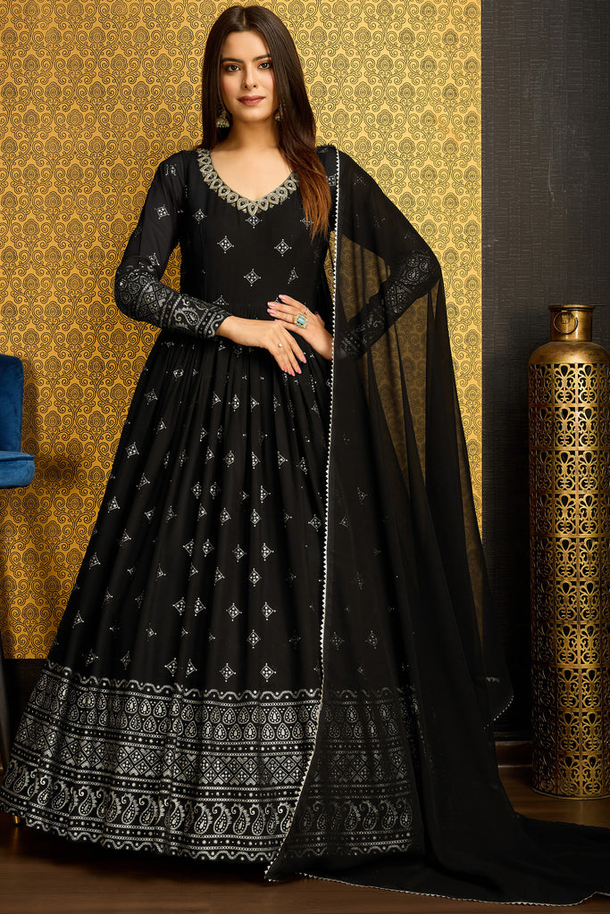 Attractive Black Foil Work Georgette Reception Wear Gown With Dupatta