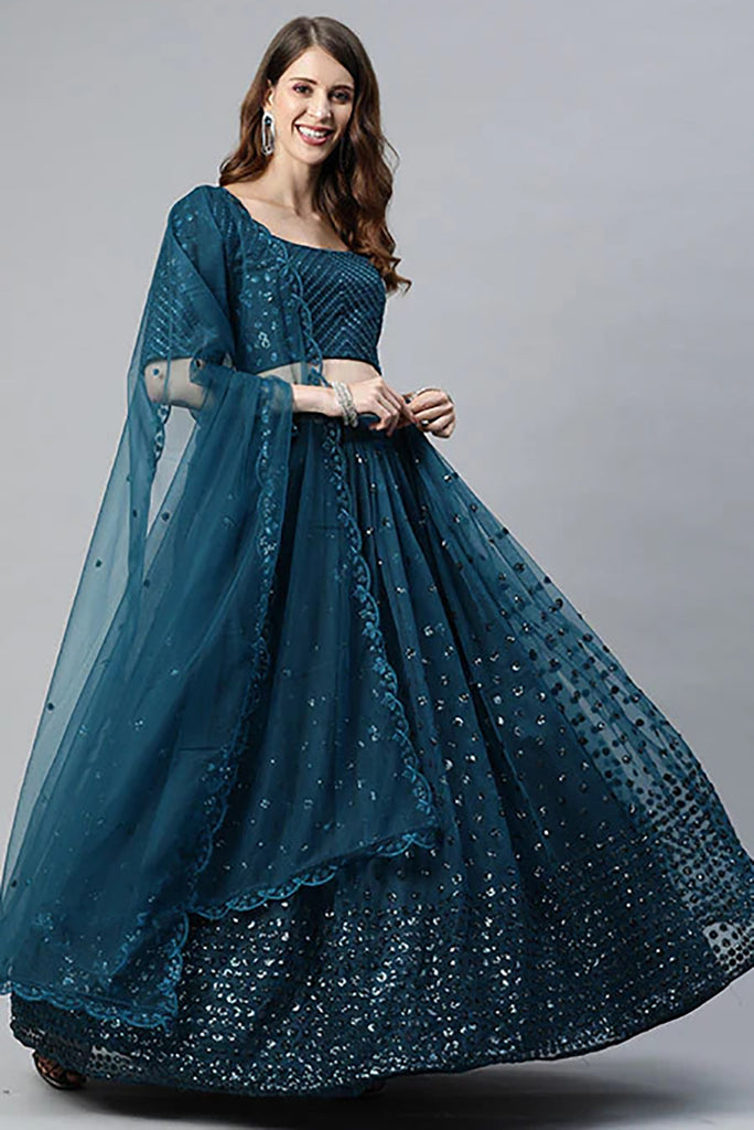 Tantalizing Teal Blue Embroidered Net Reception Wear Lehenga Choli