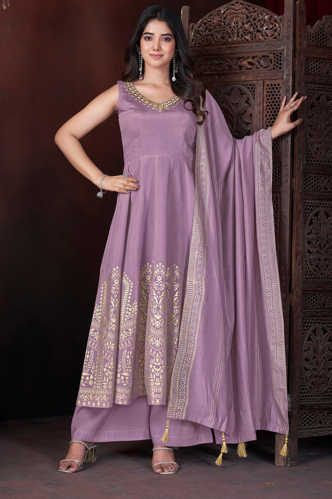 Alluring Lavender Foil Printed Silk Event Wear Palazzo Suit