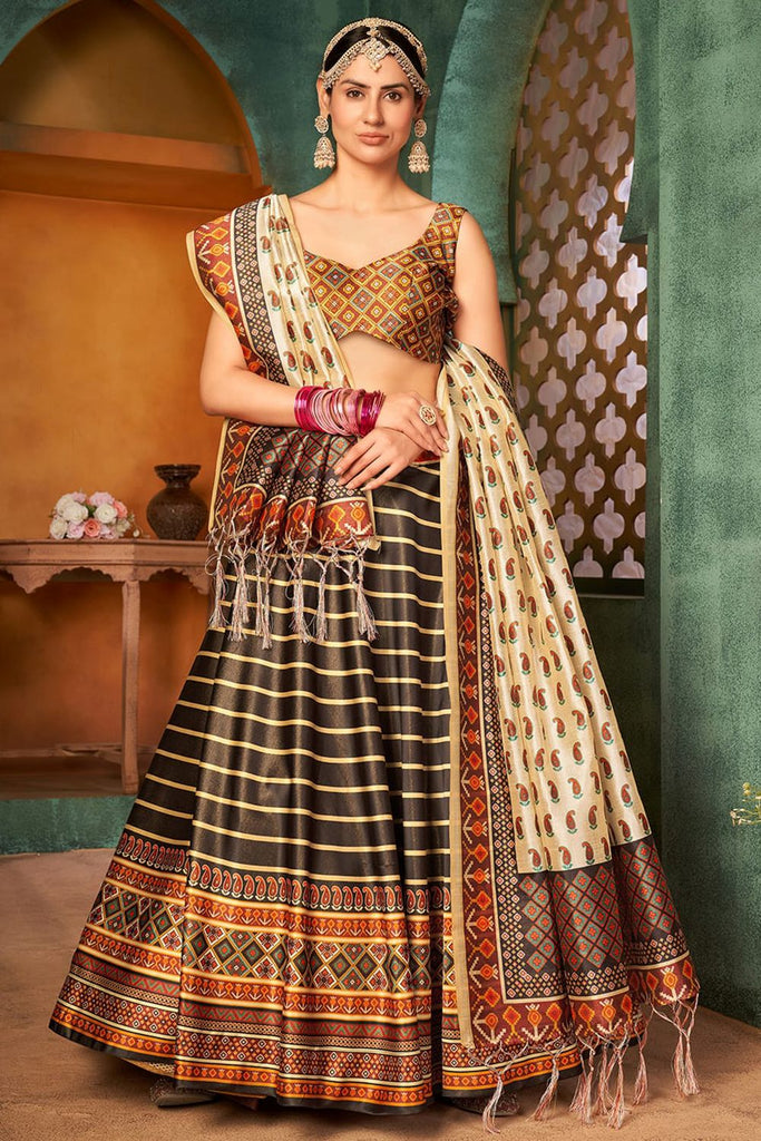 Fabulous Dark Brown Digital Printed Silk Wedding Lehenga Choli