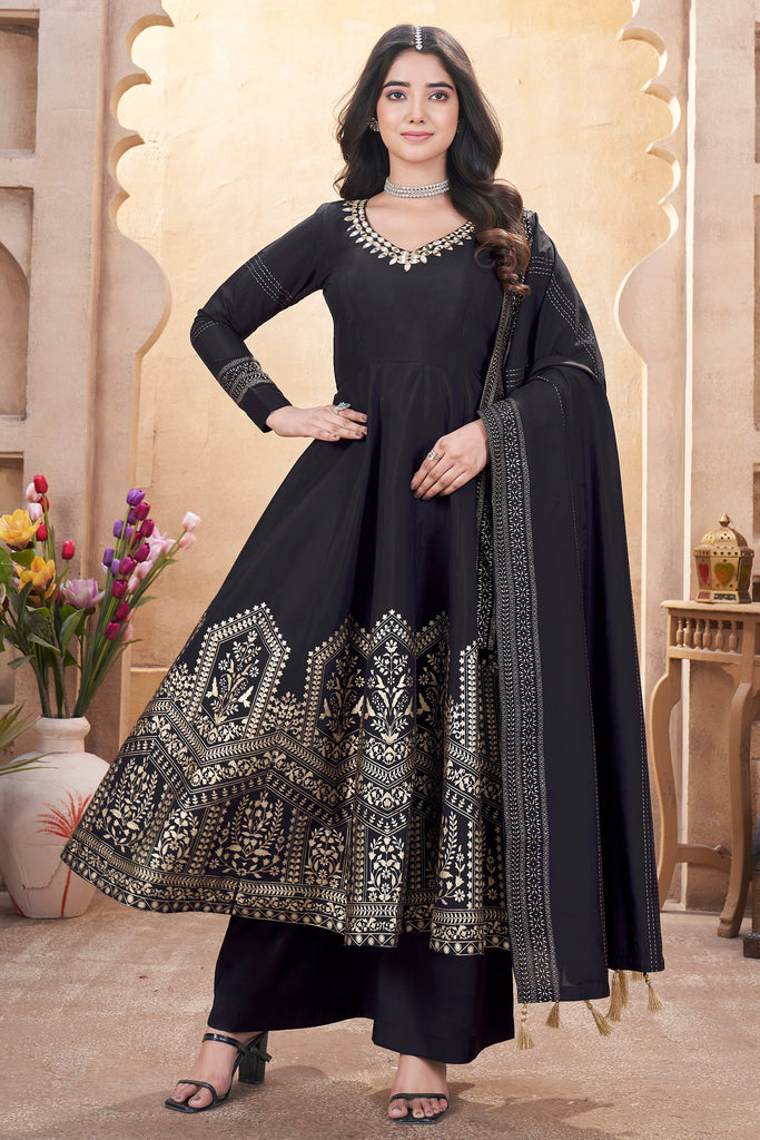 Desirable Black Foil Printed Silk Anarkali Suit Palazzo With Dupatta