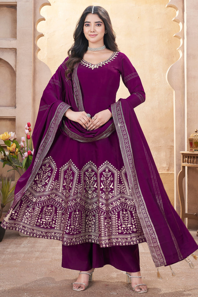 Alluring Purple Foil Printed Silk Festival Wear Anarkali Suit Palazzo