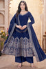 Exquisite Navy Blue Foil Printed Silk Event Wear Anarkali Suit Palazzo