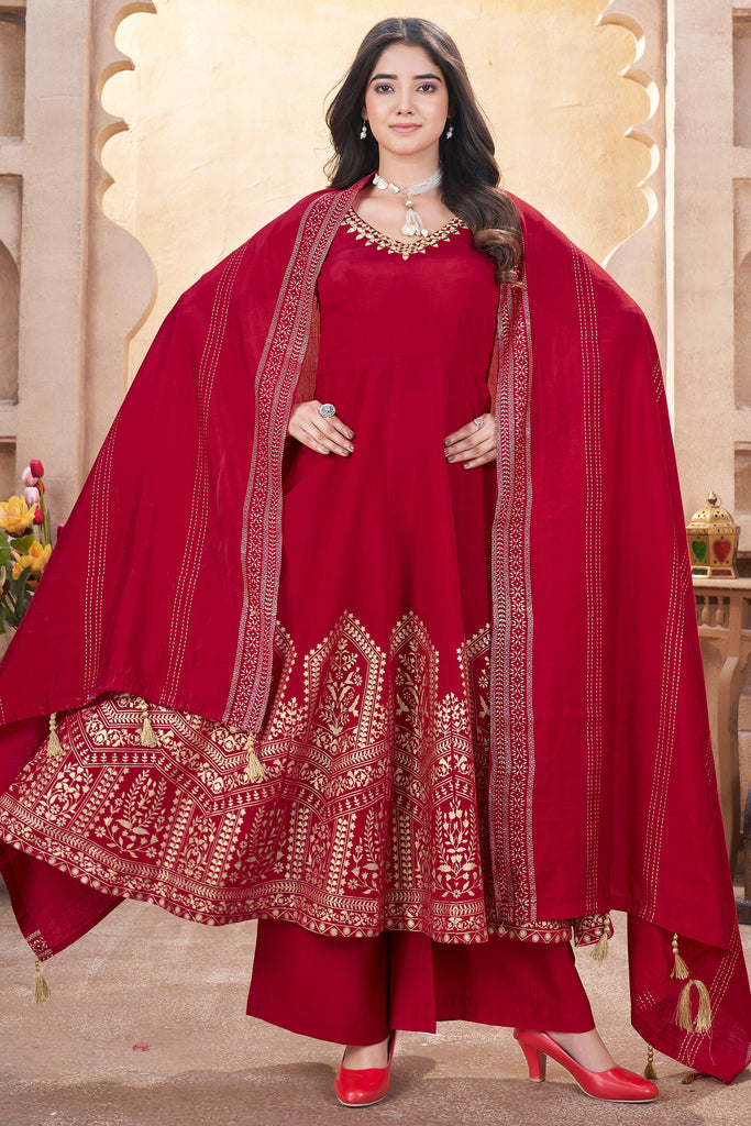 Shocking Red Foil Printed Silk Traditional Anarkali Suit Palazzo