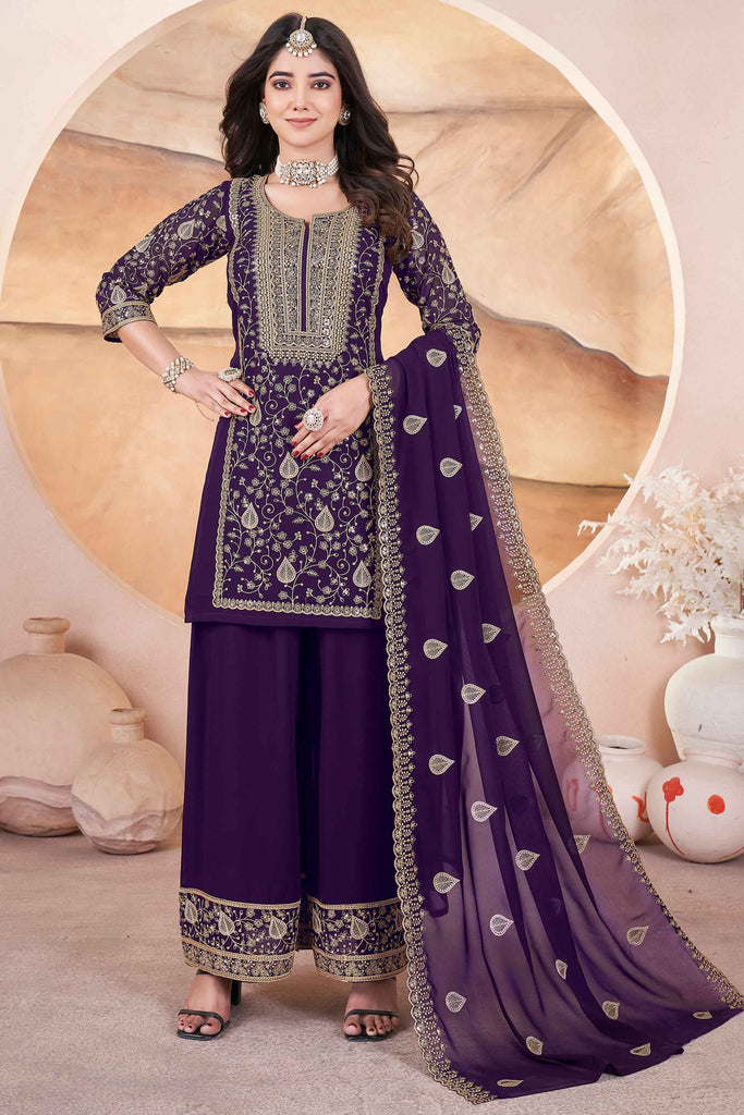 Fascinating Purple Embroidered Georgette Eid Special Palazzo Suit