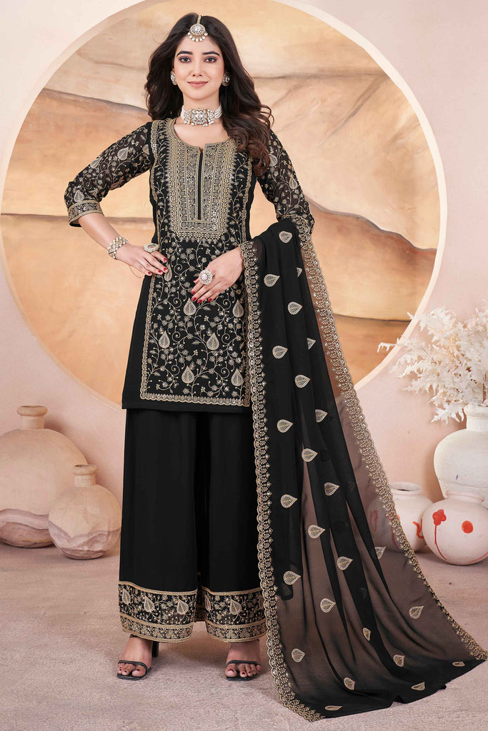 Amazing Black Embroidered Georgette Designer Palazzo Suit With Dupatta