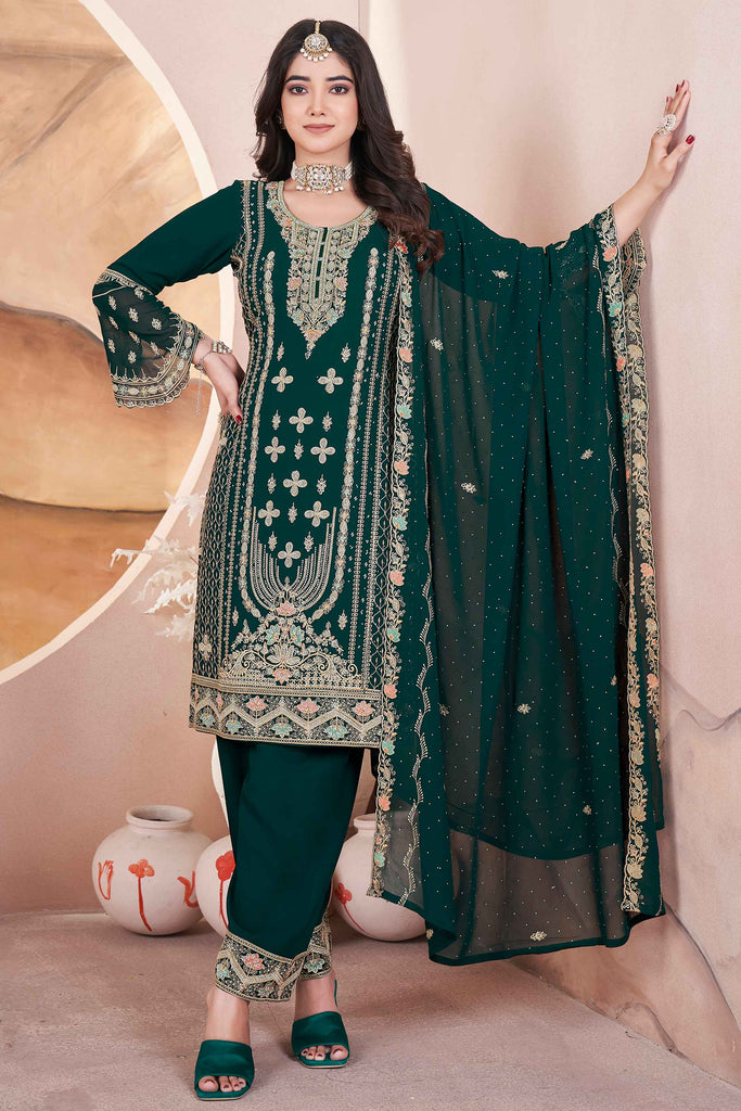 Fascinating Green Embroidered Georgette Eid Special Pant Suit