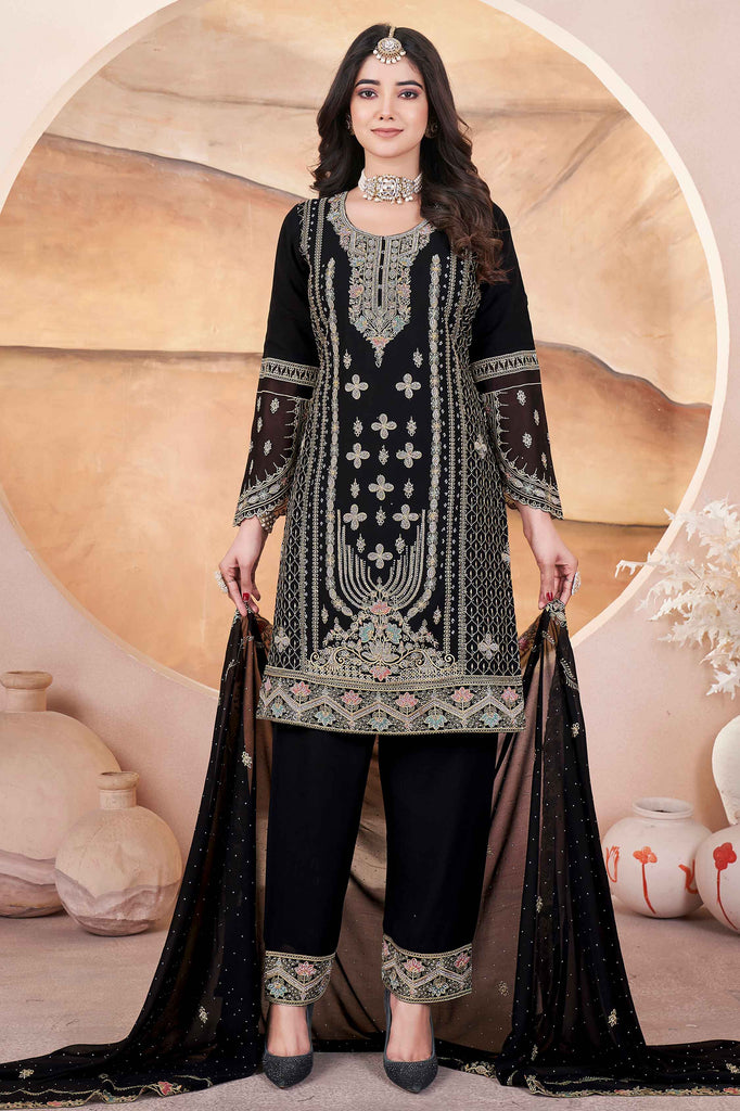 Ravishing Black Embroidered Georgette Pakistani Suit With Dupatta