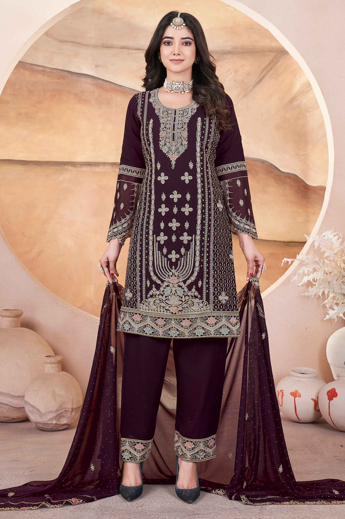 Fascinating Wine Embroidered Georgette Pakistani Suit With Dupatta