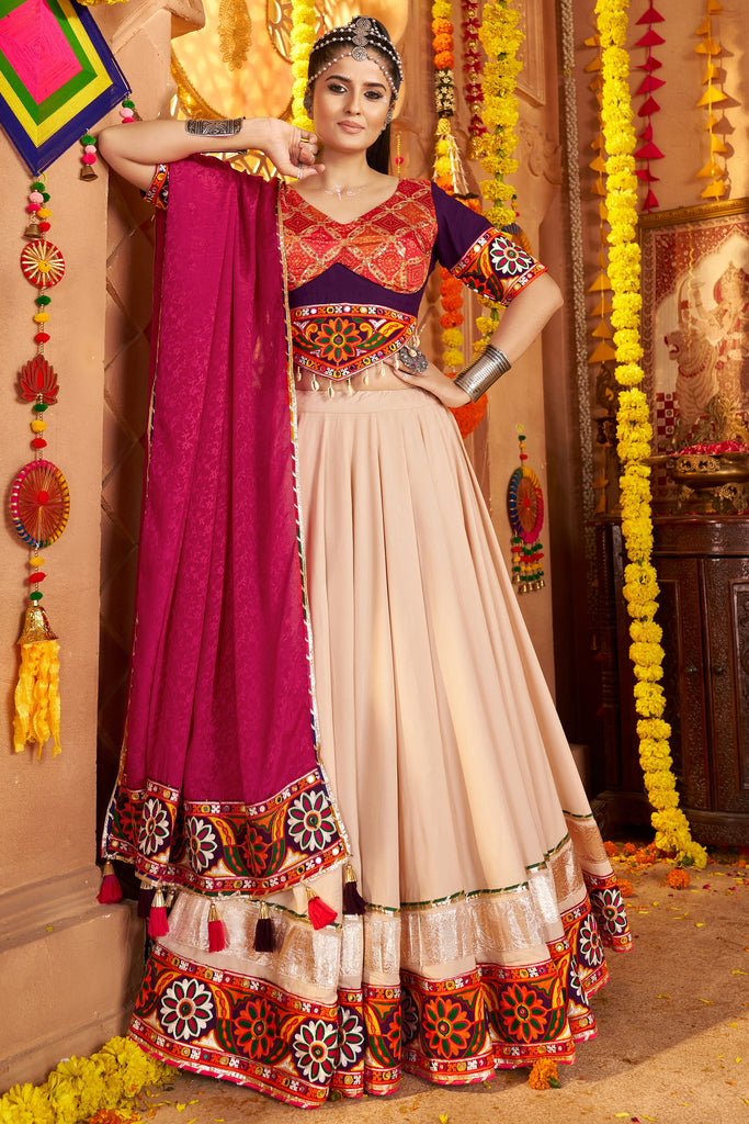 Fabulous Beige Embroidered Rayon Navratri Special Lehenga Choli
