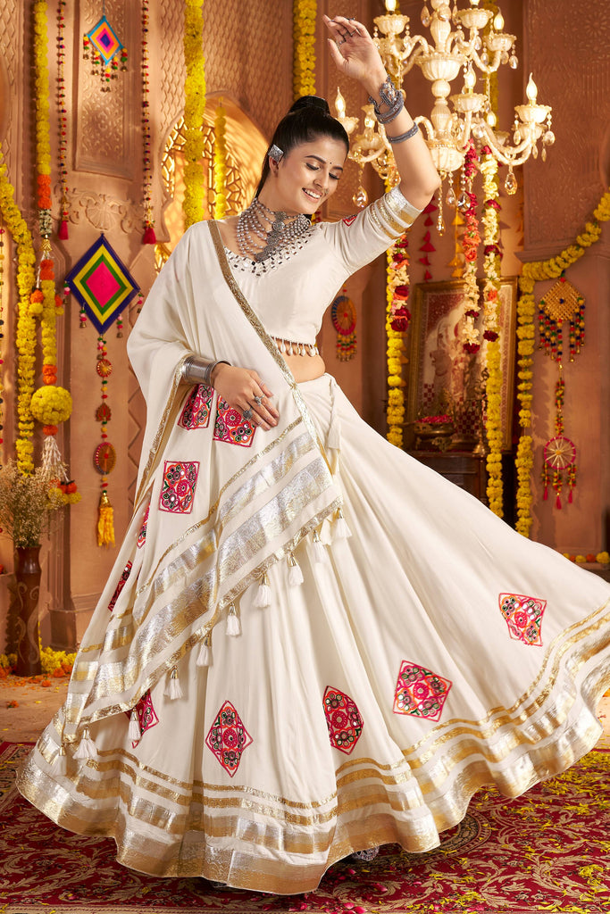 Alluring White Mirror Work Rayon Traditional Lehenga Choli With Dupatta