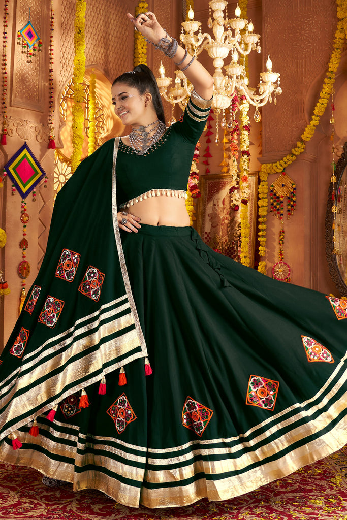 Attractive Green Mirror Work Rayon Lehenga Choli With Dupatta