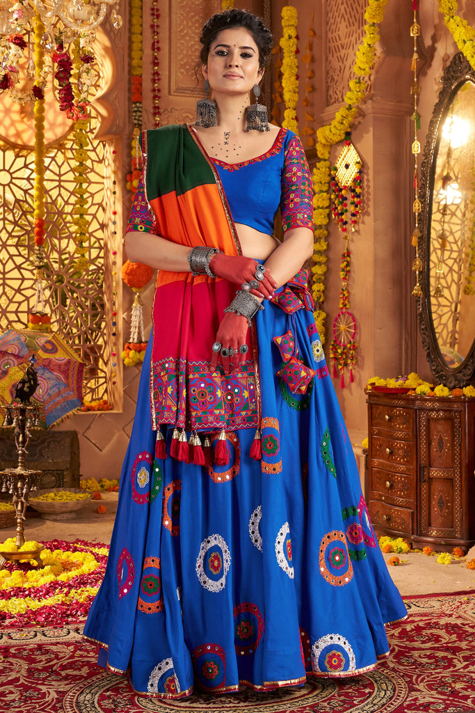 Marvelous Blue Mirror Work Cotton Traditional Lehenga Choli
