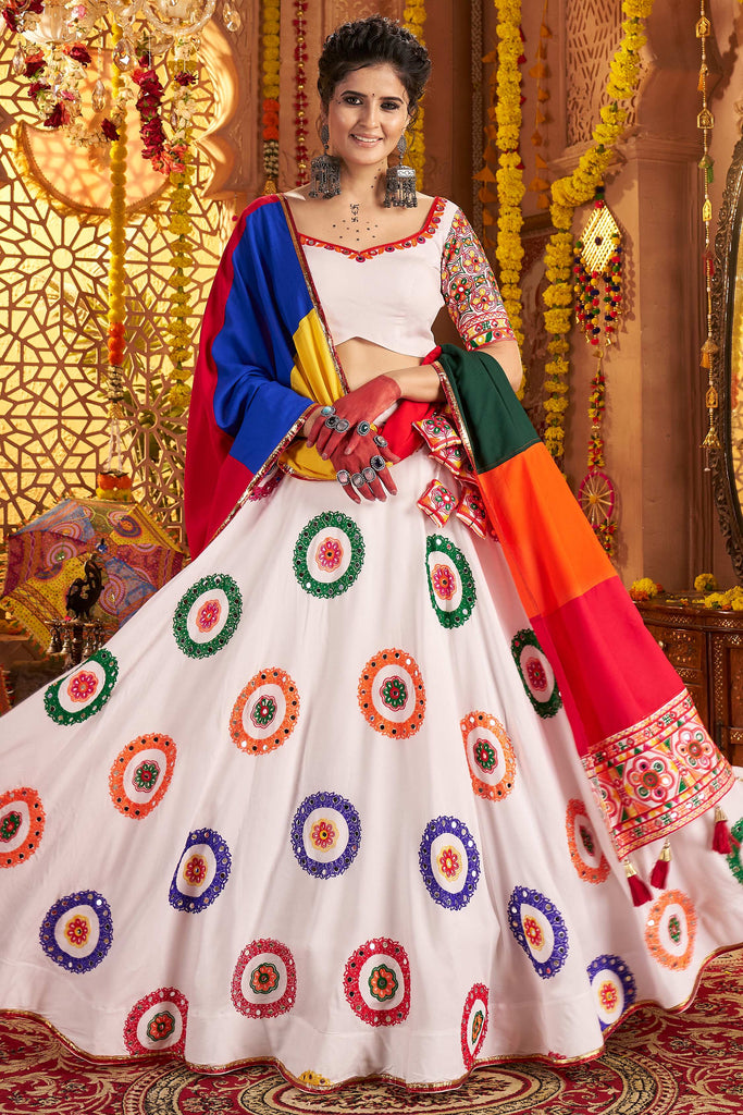 Lovely White Thread Work Navratri Wear Lehenga Choli With Dupatta